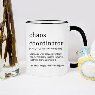 Chaos Coordinator Mug - Office Gift for Boss, Coworkers, Women, Friends - Funny Coffee Mug for Christmas, White Elephant - 11 Ounce Black Handle