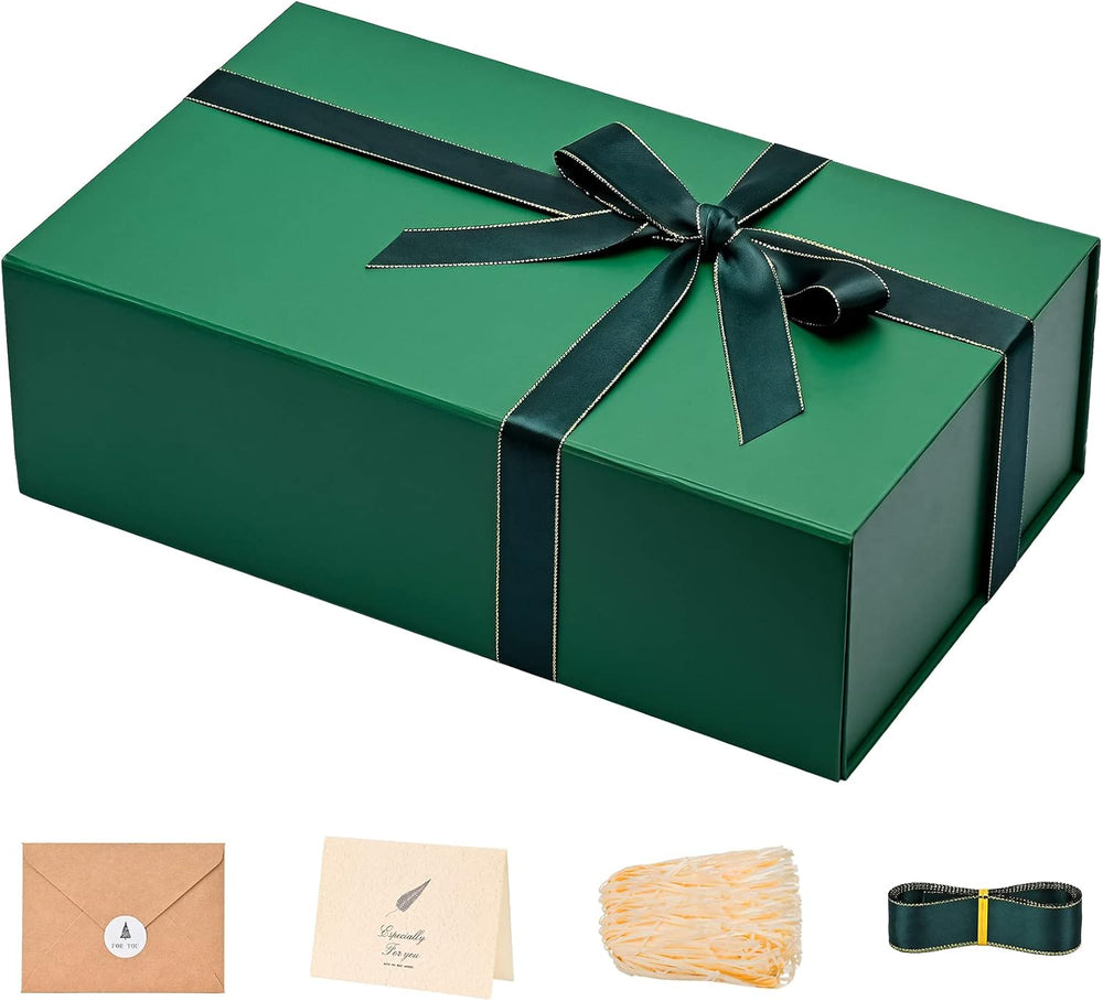 LIFELUM Green Gift Box for Presents 1 Pack 13.85 x 8.35 x 4.45 inch Big Decorative Large Gift Box for Clothes with Magnetic Lids Luxury Accessories Card, Ribbon, Filler,Sticker