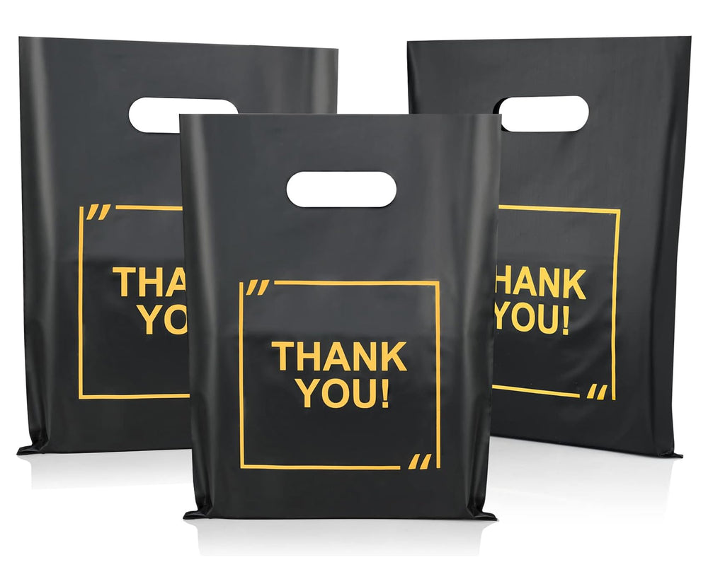 50 Pack Die Cut Plastic Shopping Bags with Thank You Logo 9x12 Merchandise Bags Extra Thick Glossy and Shopping Bags for Retail,Boutique Bags with Handles for Merchandise, Gifts, Trade Shows