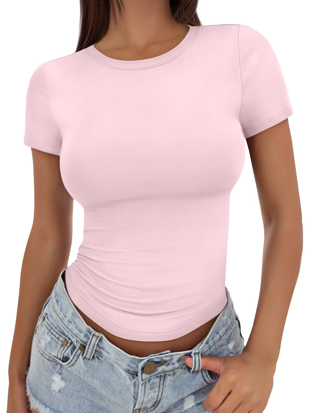 Trendy Queen Womens Basic T Shirts - Stretchy Soft Slim Fit Short Sleeve Y2k Cute Summer Crop Workout Tops