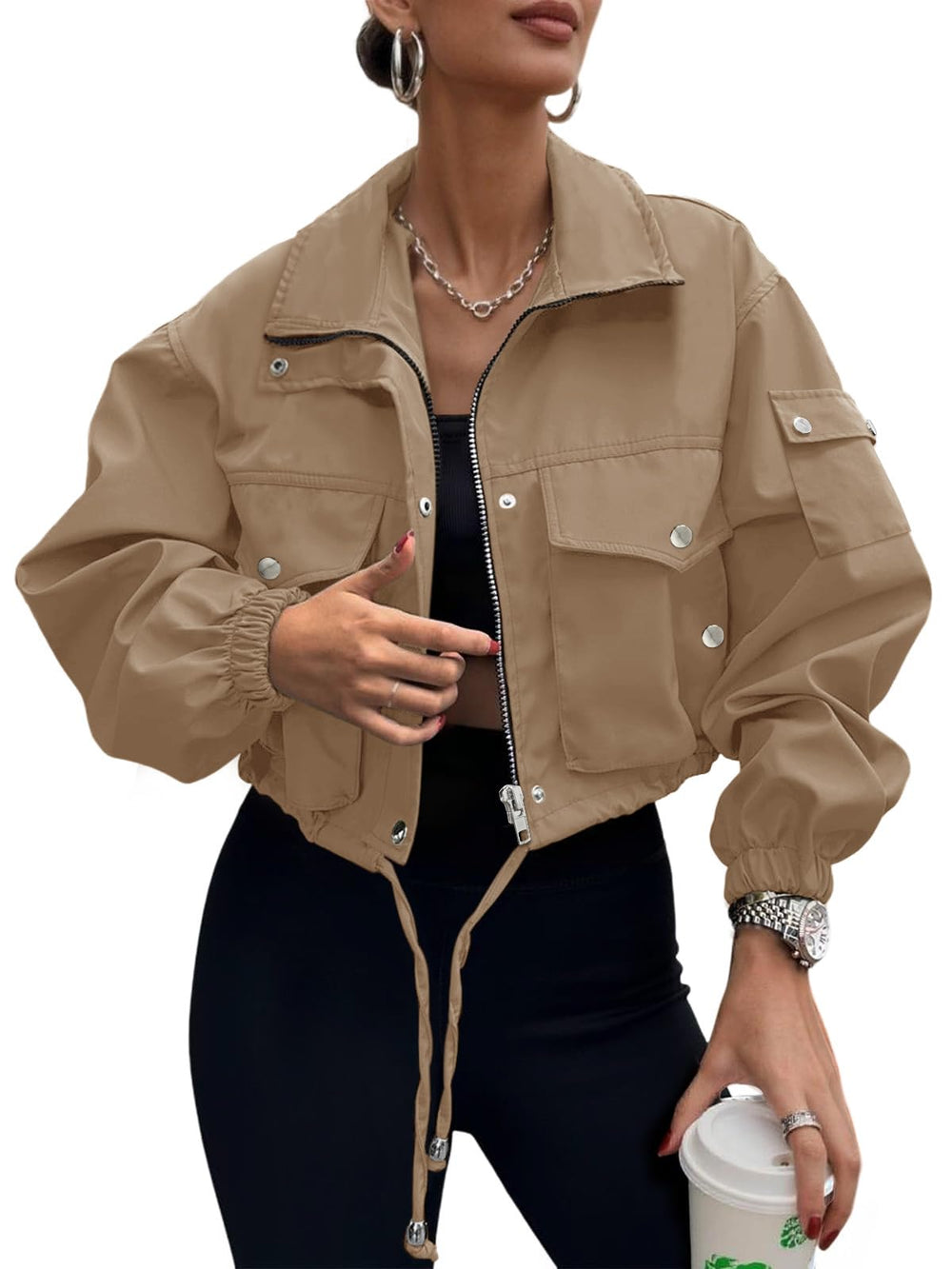 UEAL Womens Cropped Bomber Jacket 2026 Trendy Zip Up Lightweight Utility Anorak Coat With Pockets