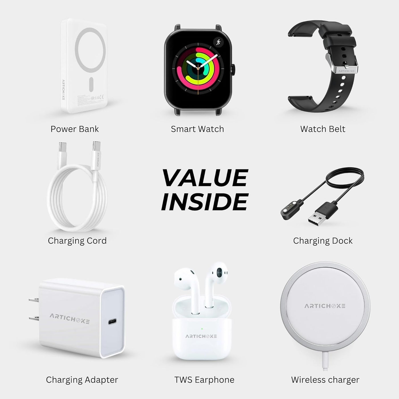 Artichoke 6 in 1 Accessories Gift Set Power Bank 5000 Smart Watch TWS Earphones Accessories Birthday Gifts Boyfriend Tech Gadgets Regalos para Hombre Travel Men Women Him Her
