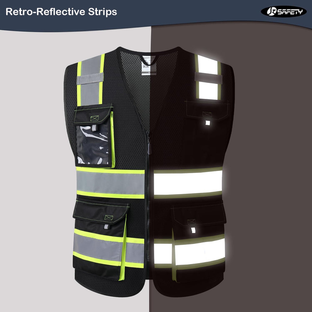 JKSafety Hi Vis Reflective Safety Vests for Men Women High Visibility Vest with Pockets Mesh Fabric Construction Safety Apparel Neon Vest for Work (220-Black L)