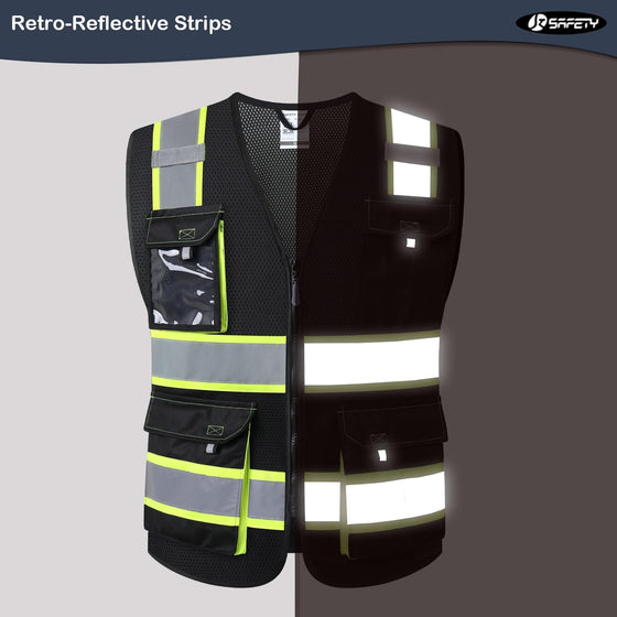 JKSafety Hi Vis Reflective Safety Vests for Men Women High Visibility Vest with Pockets Mesh Fabric Construction Safety Apparel Neon Vest for Work (220-Black L) - hover image