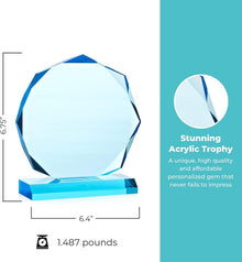 Engraved Trophy - Sky Blue Acrylic - Award for Employees - Personalized Engraving Up to Three Lines and Pre-Written Verse Selection