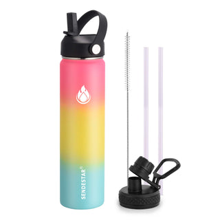 SENDESTAR Water Bottle 32oz Double Wall Vacuum Insulated Leak Proof Stainless Steel Sports Water Bottle—Wide Mouth with New Flex Straw Lid & Spout Lid (Deep Blue&Black)