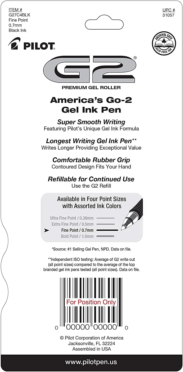 PILOT G2 Premium Refillable and Retractable Rolling Ball Gel Pens, Fine Point, Black Ink, 4-Pack (31057)