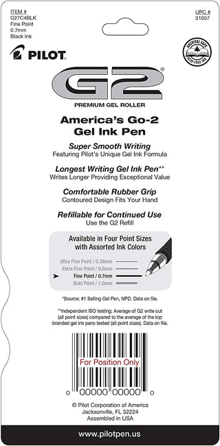 PILOT G2 Premium Refillable and Retractable Rolling Ball Gel Pens, Fine Point, Black Ink, 4-Pack (31057)
