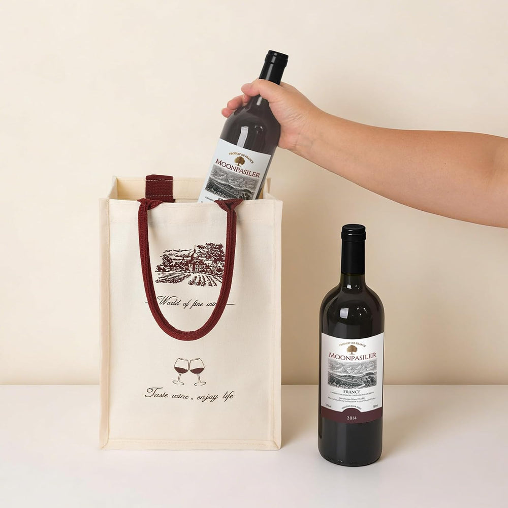 Canvas Wine Tote Bags 2 Pack, Reusable Wine Gift Bags with Sturdy Handles, Elegant Wine Bottle Holder for Gift Giving, Parties, Wedding Favors（2PCS） | Reusable