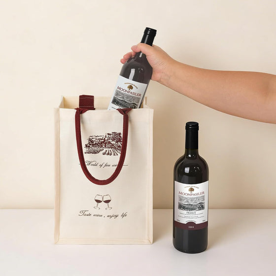 Canvas Wine Tote Bags 2 Pack, Reusable Wine Gift Bags with Sturdy Handles, Elegant Wine Bottle Holder for Gift Giving, Parties, Wedding Favors（2PCS） | Reusable - hover image