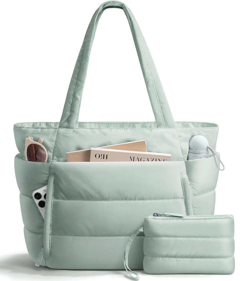 Bagstellar Puffer Tote Bag for Women, Lightweight Puffy Work Handbag Teacher Nurse Quilted Shoulder Bag for School Travel Gym | Cloud Bag w/ Zipper