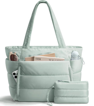 Bagstellar Puffer Tote Bag for Women, Lightweight Puffy Work Handbag Teacher Nurse Quilted Shoulder Bag for School Travel Gym | Cloud Bag w/ Zipper