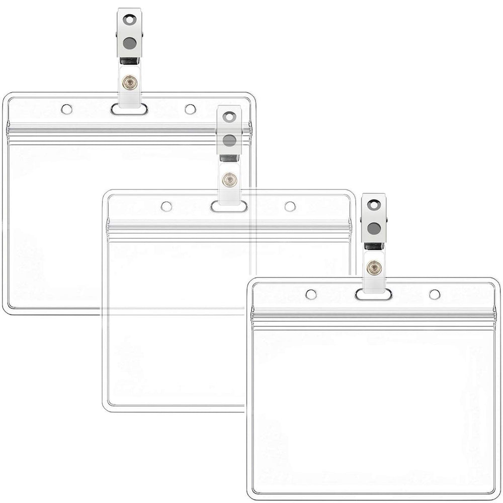 Horizontal Name Tag Holders and Metal Badge Clips with Vinyl Strap Waterproof PVC ID Card Holder (Horizontal 2.36x3.74 3PACK)