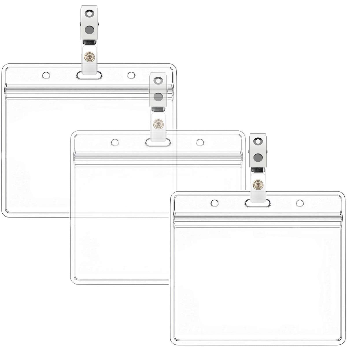 Horizontal Name Tag Holders and Metal Badge Clips with Vinyl Strap Waterproof PVC ID Card Holder (Horizontal 2.36x3.74 3PACK)