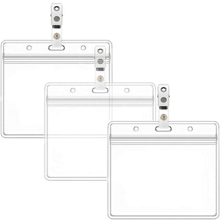 Horizontal Name Tag Holders and Metal Badge Clips with Vinyl Strap Waterproof PVC ID Card Holder (Horizontal 2.36x3.74 3PACK)