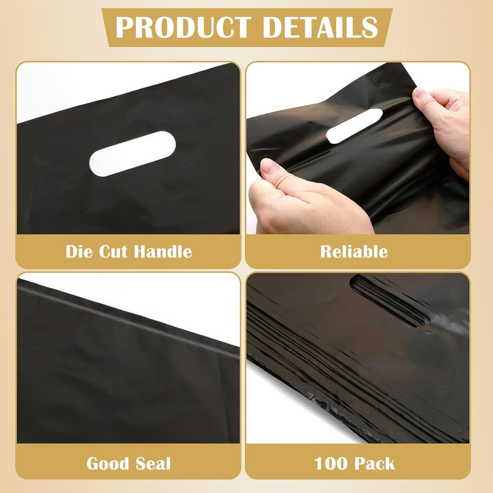 GoClimber 100 Pack Black Plastic Bags, 9"x12" Merchandise Bags With Die Cut Handles Retail Shopping Bags for Small Business Boutique Stores Gifts