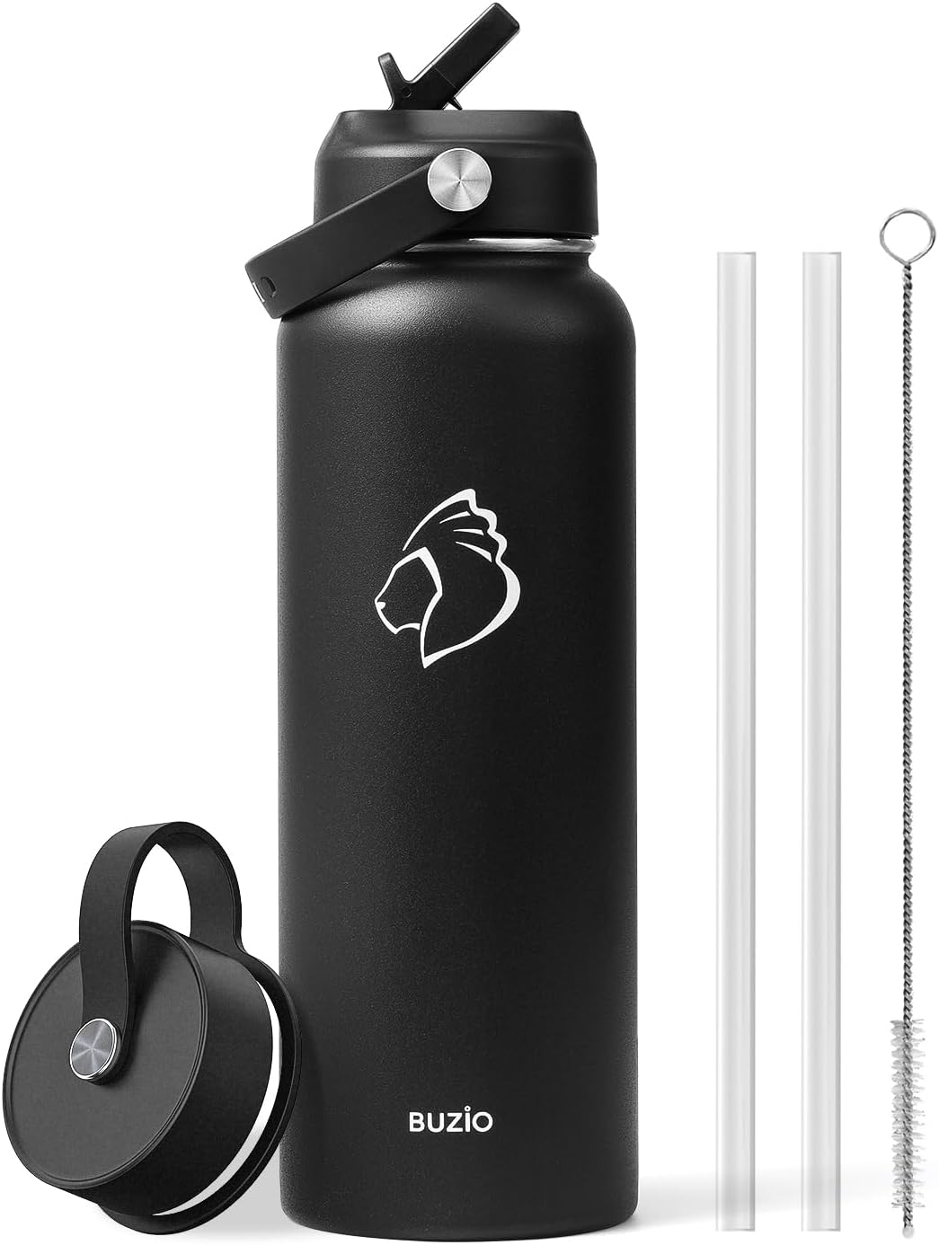BUZIO 40oz Insulated Water Bottle, Triple Wall Vacuum Stainless Steel Water Flask with 2 lids, Lead-Free BPA-Free Straw Lid Sports Canteen Jug, Cold 48H & Hot 24H- Black