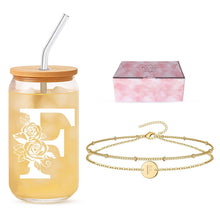 Sister Gifts for Women, Initial Glass Cup and Bracelet Gift Set, Personalized Ready to Gift Letter Keepsake for Birthday, Thank You and Just Because