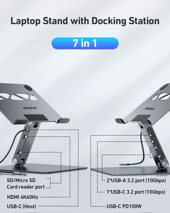 BENFEI Laptop Stand with USB C 7in1 Docking Station,HDMI 4K@60Hz,1*SD 1*Micro SD,100W Power Delivery,10Gbps 1*USB C 3.2 and 2*USB A 3.2 Compatible with MacBook Pro/Air, iPad Pro, XPS, Thinkpad - hover image