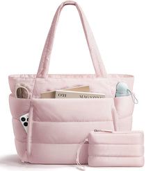Bagstellar Puffer Tote Bag for Women, Lightweight Puffy Work Handbag Teacher Nurse Quilted Shoulder Bag for School Travel Gym | Cloud Bag w/ Zipper