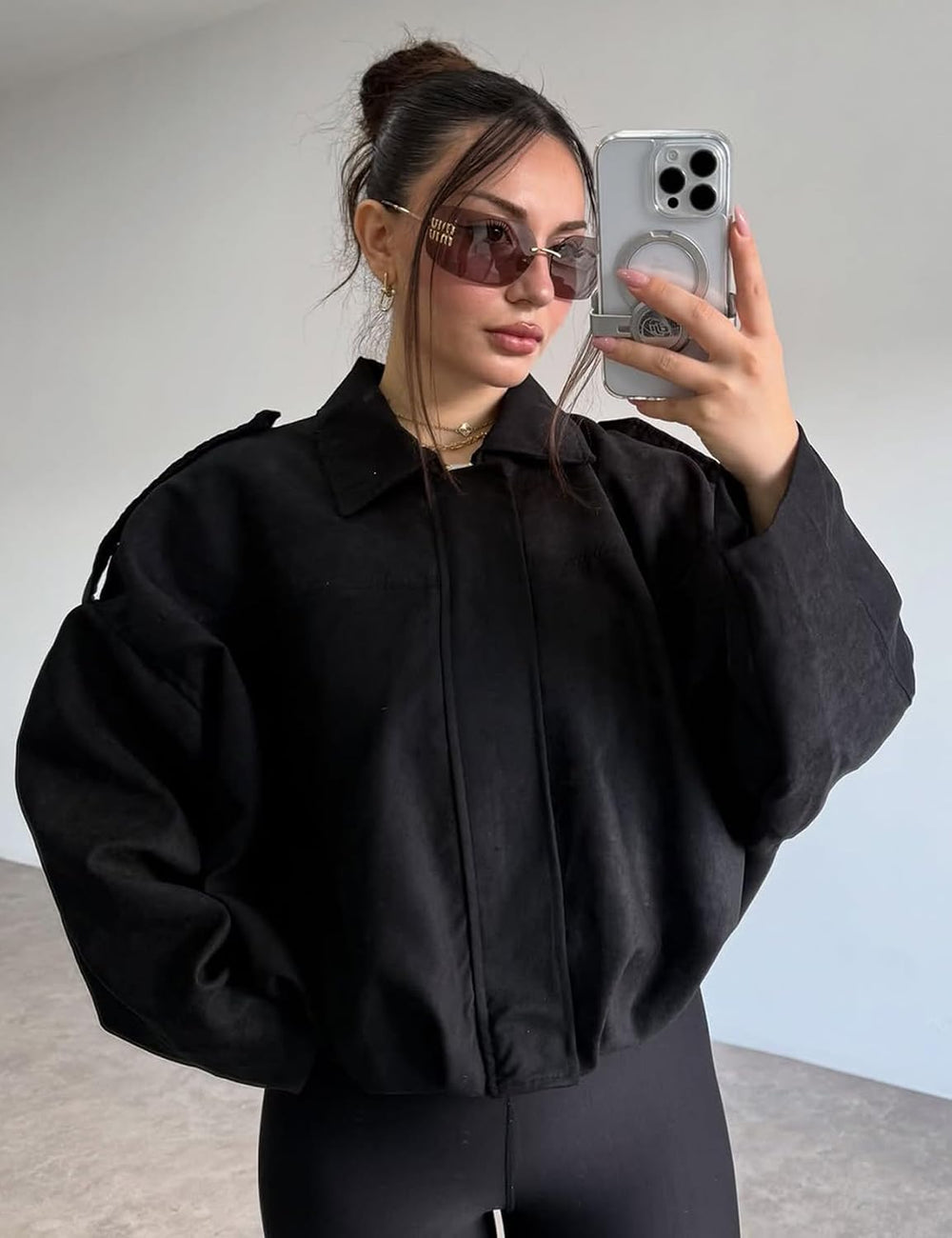Kissonic Womens Faux Suede Bomber Jacket Oversized Batwing Long Sleeve Zip Up Cropped Coat Streetwear