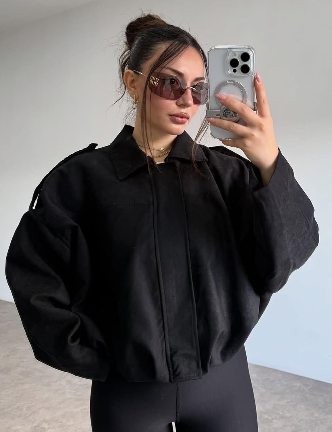 Kissonic Womens Faux Suede Bomber Jacket Oversized Batwing Long Sleeve Zip Up Cropped Coat Streetwear