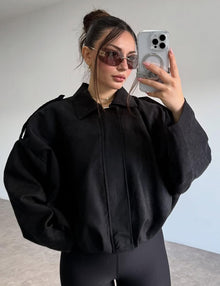 Kissonic Womens Faux Suede Bomber Jacket Oversized Batwing Long Sleeve Zip Up Cropped Coat Streetwear
