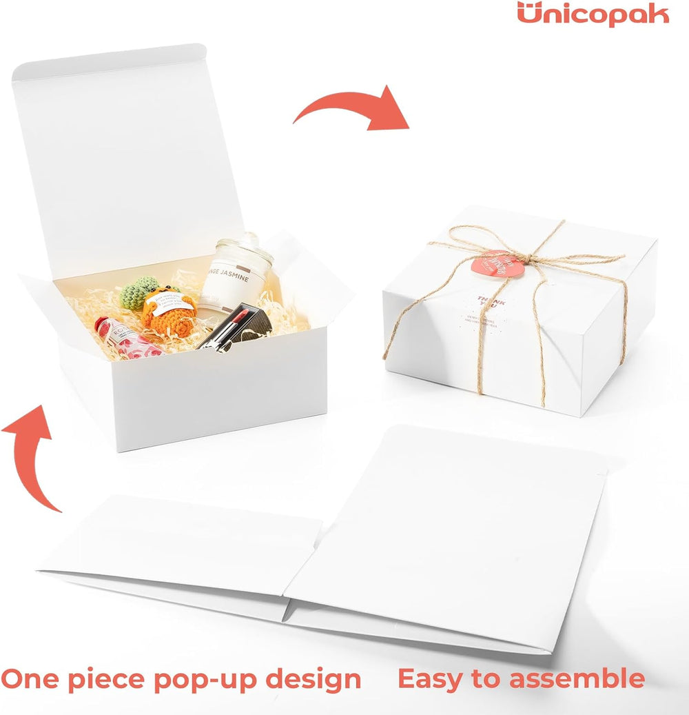UnicoPak 6 Pack 8x8x3.5 White Gift Boxes Bulk, Gift Boxes with Lids for Presents for Birthday Wedding Bridesmaid Proposal Thank You Holiday Christmas
