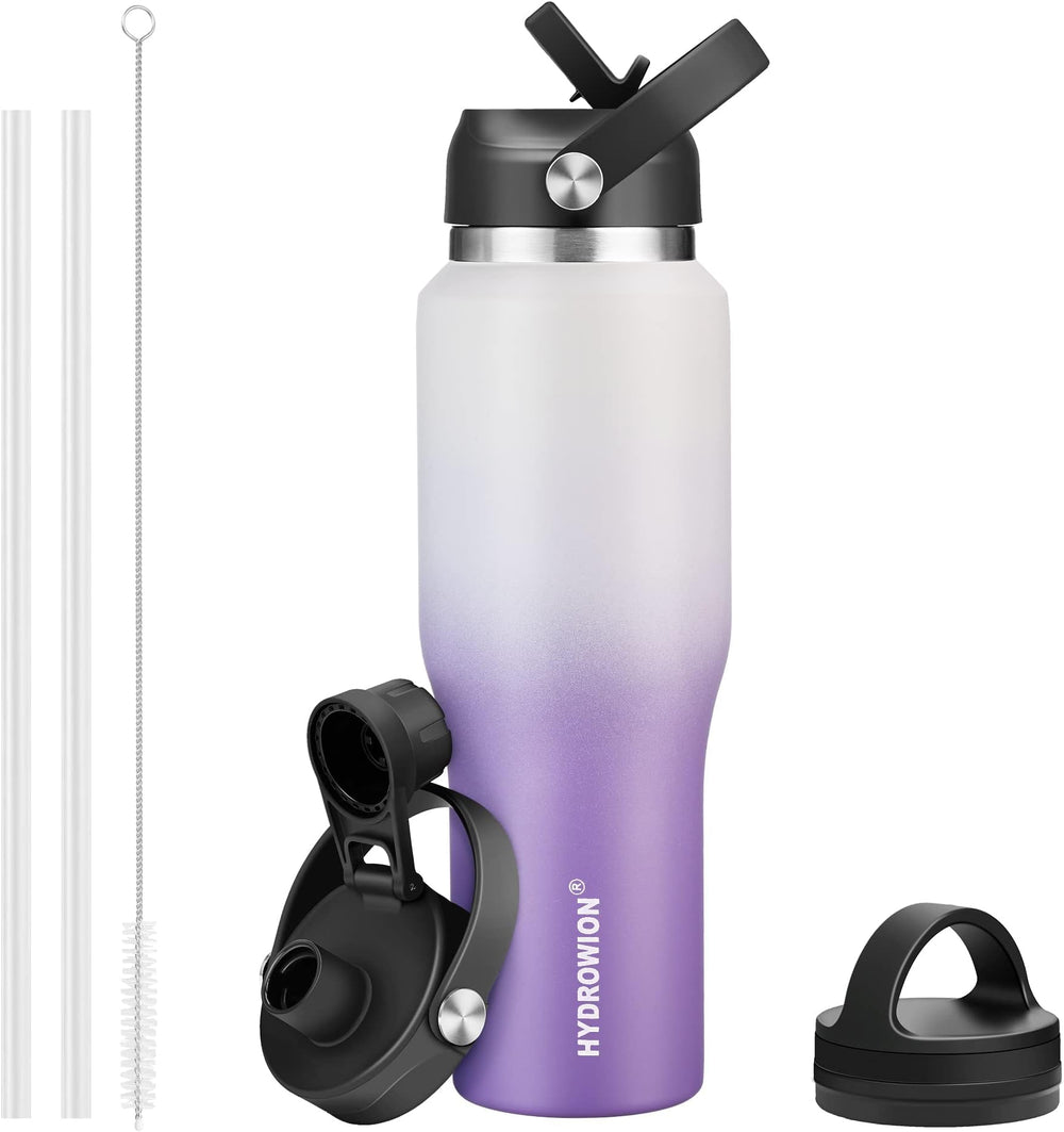 HYDROWION 32oz Stainless Steel Water Bottle(Cold for 48 Hrs, Hot for 24 Hrs), Double Wall Vacuum Insulated Water Flask with Straw Lid, Spout Lid and Flex Cap, Fit in Any Car Cup Holder, Cobalt