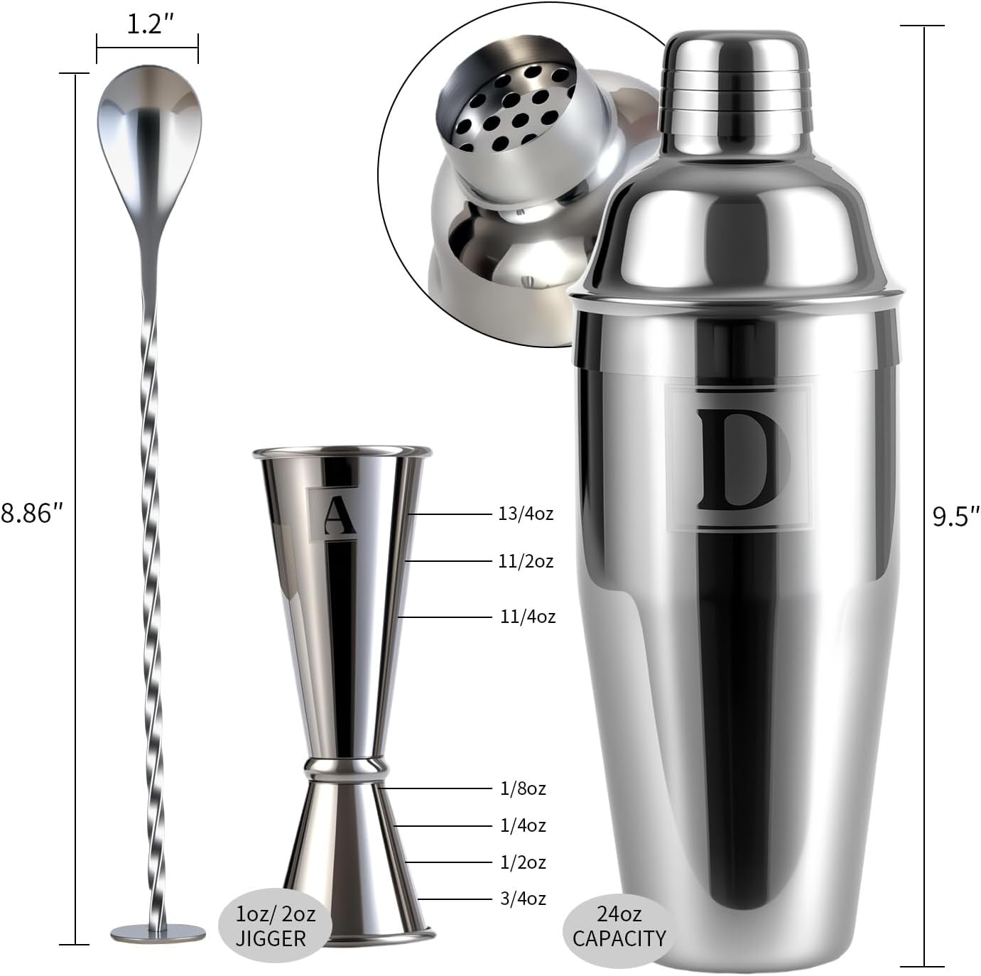 24oz Cocktail Shaker Set with 1 oz 2oz Jigger - Monogramm Initials Martini Shaker Set - 304 Stainless Steel Bar Shaker for Margarita,Mojito-Personalized Gift for Friend,Husband-W