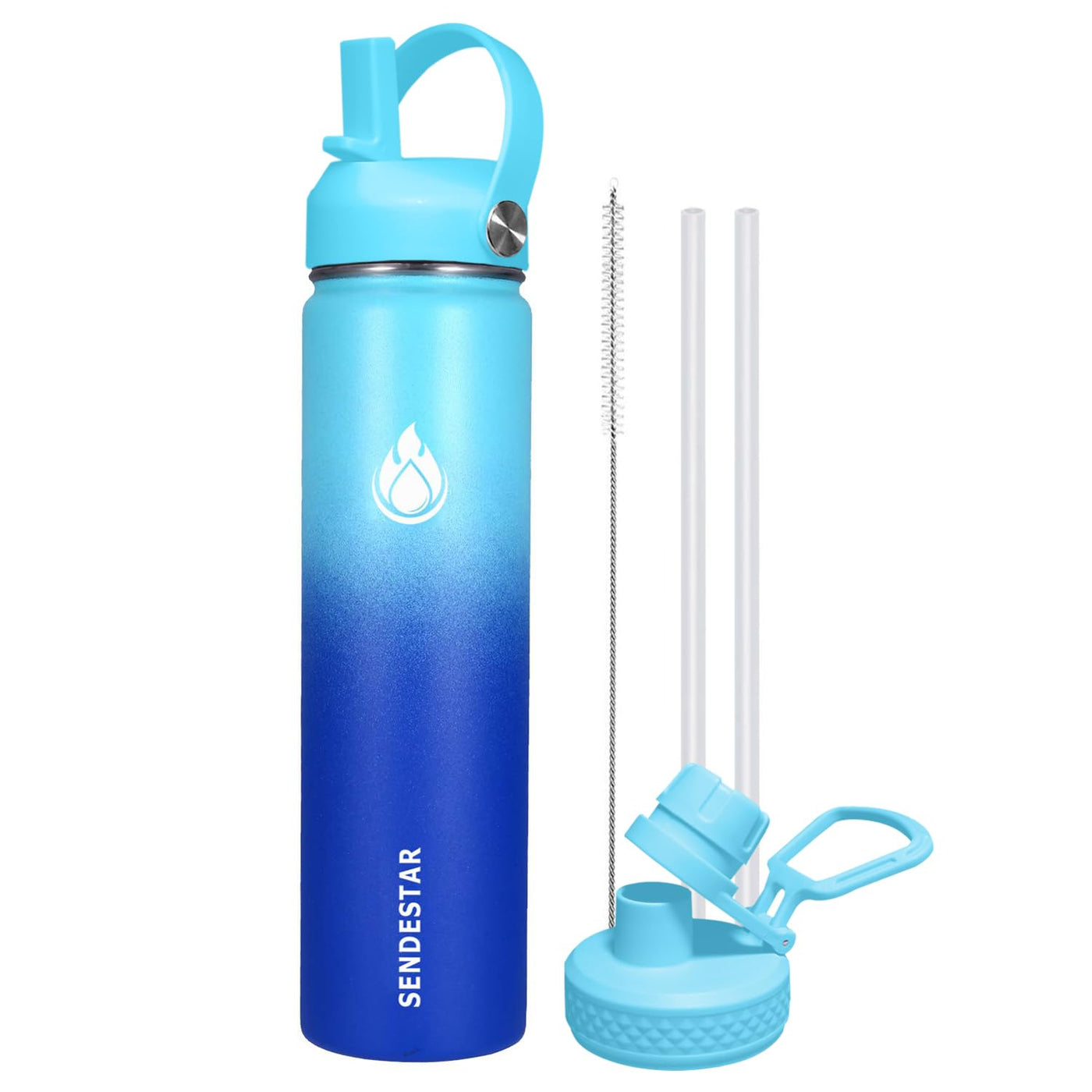 SENDESTAR Water Bottle 32oz Double Wall Vacuum Insulated Leak Proof Stainless Steel Sports Water Bottle—Wide Mouth with New Flex Straw Lid & Spout Lid (Deep Blue&Black)