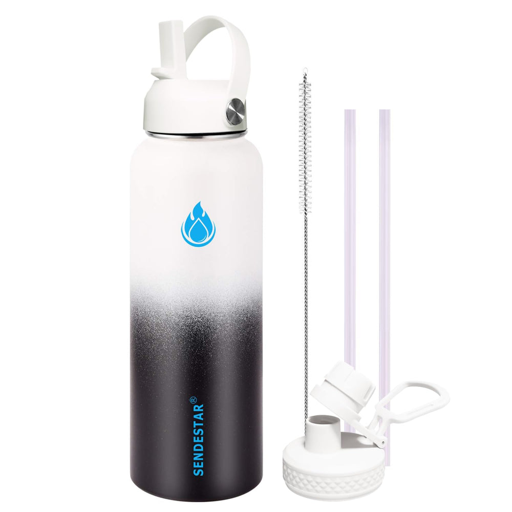 SENDESTAR Water Bottle 32oz Double Wall Vacuum Insulated Leak Proof Stainless Steel Sports Water Bottle—Wide Mouth with New Flex Straw Lid & Spout Lid (Deep Blue&Black)