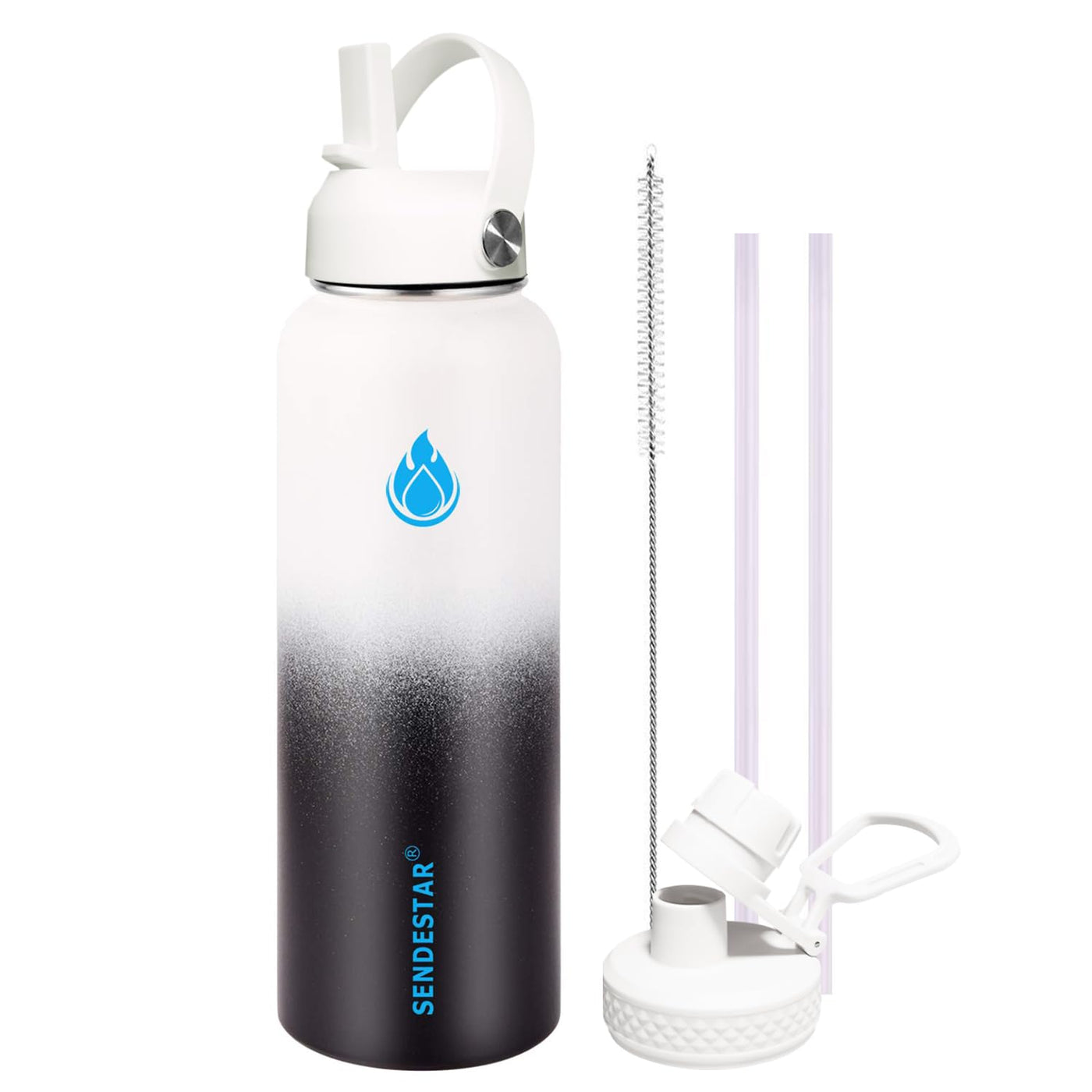 SENDESTAR Water Bottle 32oz Double Wall Vacuum Insulated Leak Proof Stainless Steel Sports Water Bottle—Wide Mouth with New Flex Straw Lid & Spout Lid (Deep Blue&Black)