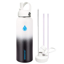 SENDESTAR Water Bottle 32oz Double Wall Vacuum Insulated Leak Proof Stainless Steel Sports Water Bottle—Wide Mouth with New Flex Straw Lid & Spout Lid (Deep Blue&Black)