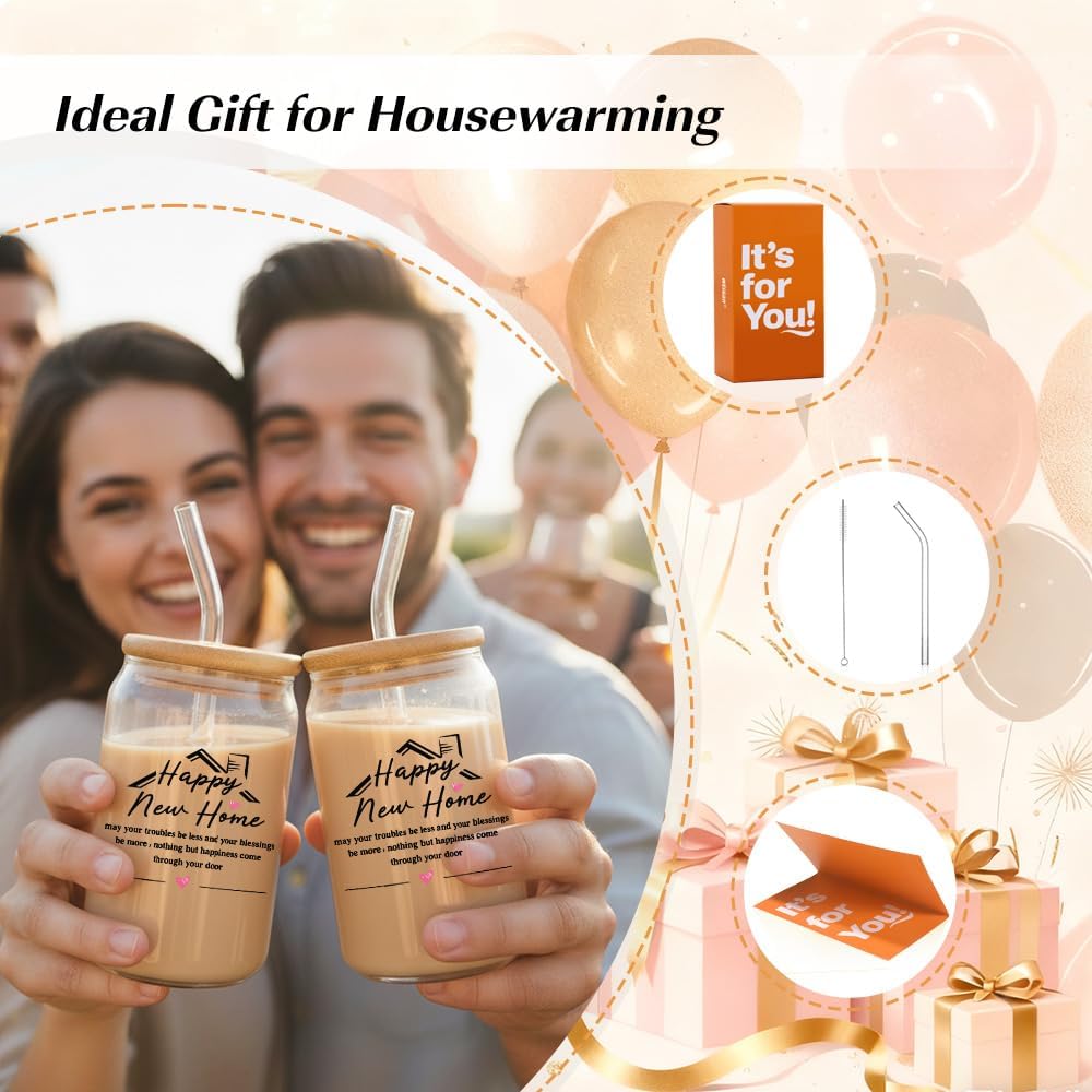 wtisan Housewarming Gifts for New Home - Sweet Home Aesthetic Can Shaped Glass Cup, 16oz Iced Coffee Tumbler - House Warming Gift Ideas with Lid, Straw & Card for Couple, New Homeowner