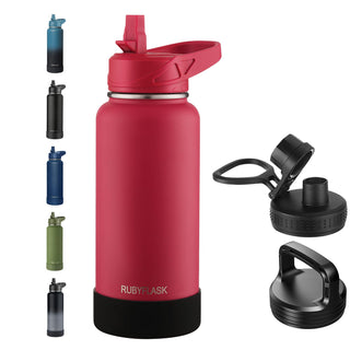 RUBYFLASK 32oz Insulated Water Bottle with Straw, Stainless Steel Metal Vacuum Water Flask, Large Thermal Water bottle with Leakproof 3 Lids for Travel, Camping, Gym Sports Indigo Black