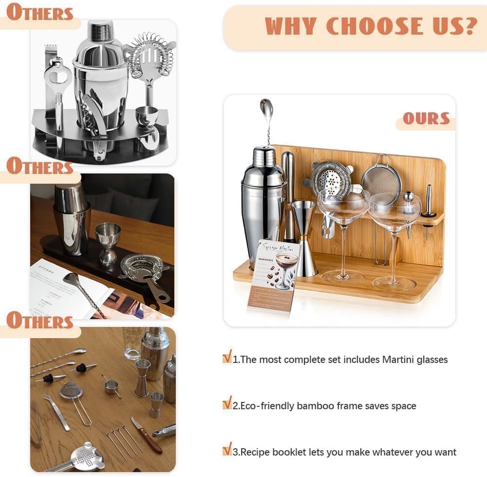 USEERIL Espresso Martini Kit Gifts Set with 2 Glasses,Mixology Bartender Kit,Cocktail Shaker Set with Bamboo Stand for Drink Mixer,Bar Set for House Warming Gifts,Home bar,Party Favors