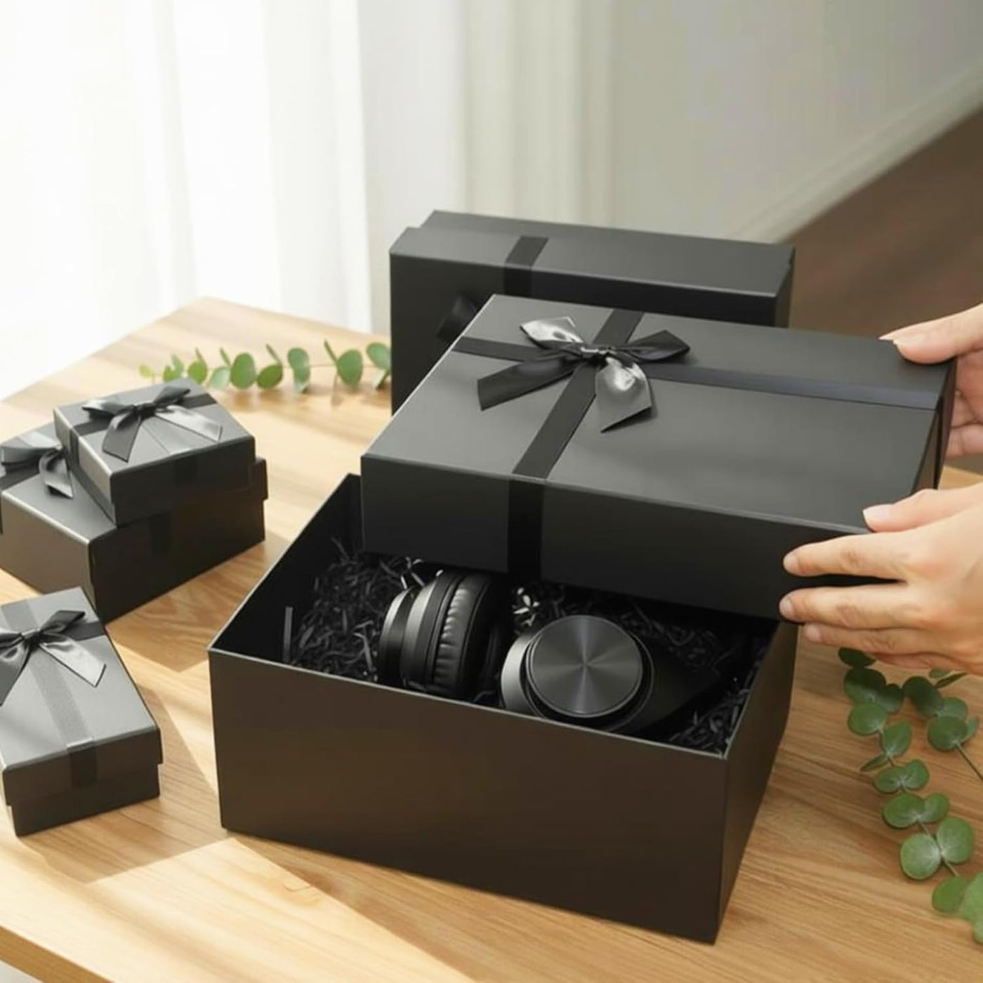 Gift Boxes with Lids for Presents, Set of 5 Black Gift Boxes, Pre-warpped Nesting Boxes for Gifts, Luxury Gift Box for Father's Day, Anniversaries, Birthdays,Weddings, etc.