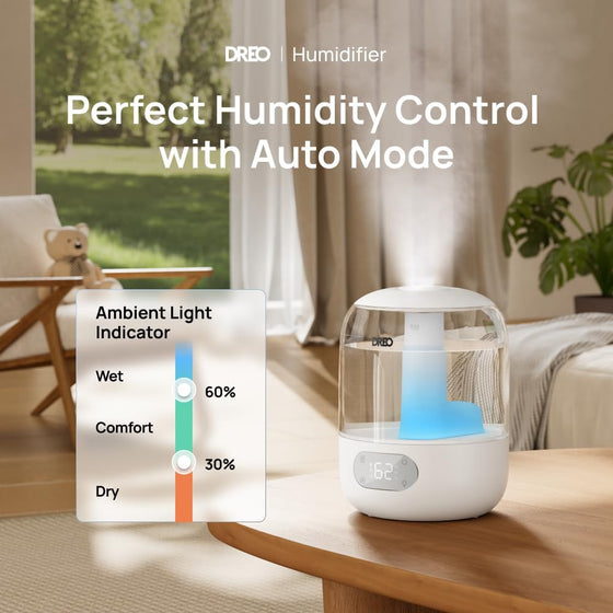 DREO Humidifiers for Bedroom, 3L Top Fill 30H & 26dB Quiet Runtime for Large Room, Cool Mist Ultrasonic Humidifier with Humidity Sensor, Night Light for Home, Baby, Nursery, Plants, New Edition - hover image