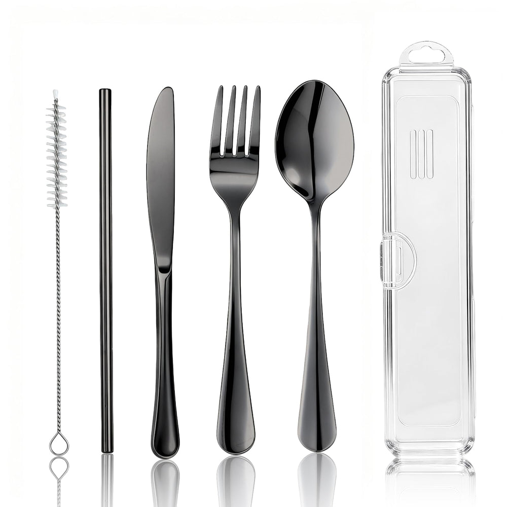 Travel Camping Utensils with Case, 6 Pcs Reusable Stainless Steel Silverware Cutlery Set, Spoon, Fork, Knife + Straw/Brush Kit for Camping, Travel, Office, Lunch Box, Eco On-the-Go (silver)