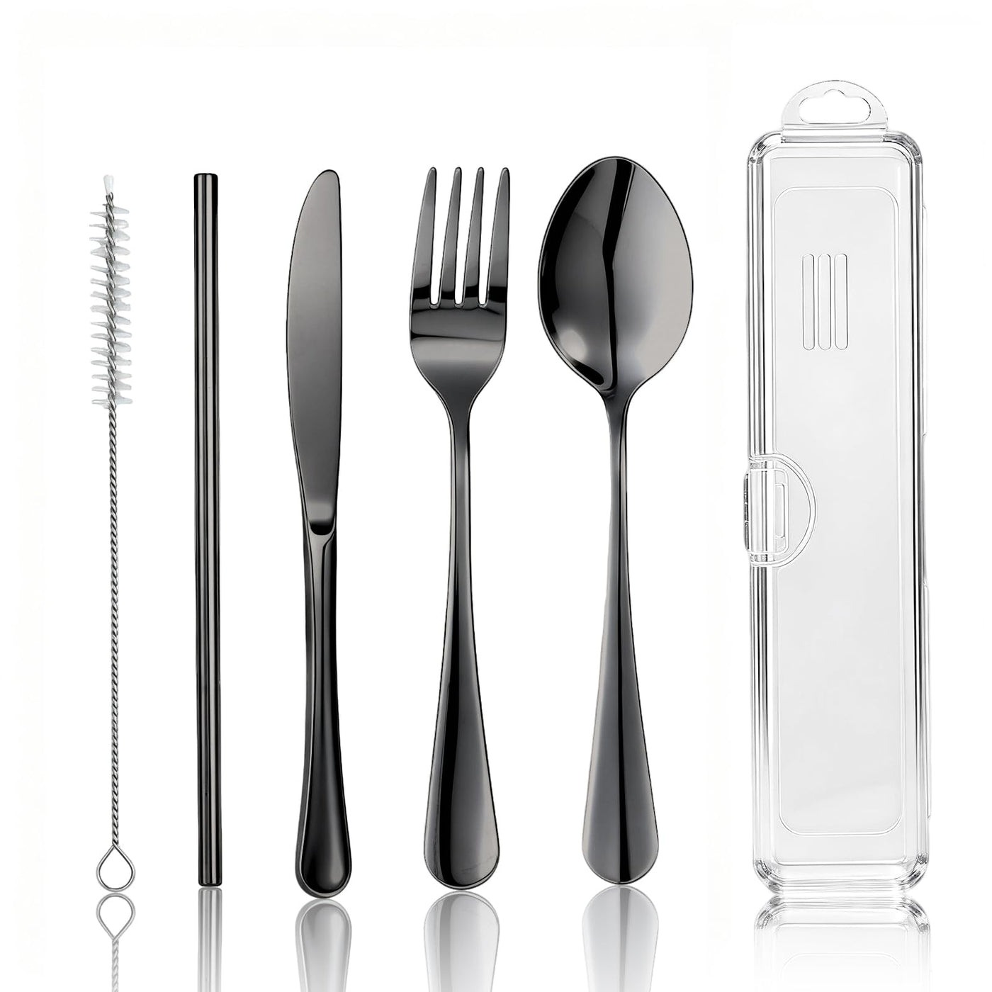 Travel Camping Utensils with Case, 6 Pcs Reusable Stainless Steel Silverware Cutlery Set, Spoon, Fork, Knife + Straw/Brush Kit for Camping, Travel, Office, Lunch Box, Eco On-the-Go (silver)