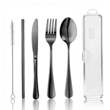 Travel Camping Utensils with Case, 6 Pcs Reusable Stainless Steel Silverware Cutlery Set, Spoon, Fork, Knife + Straw/Brush Kit for Camping, Travel, Office, Lunch Box, Eco On-the-Go (silver)