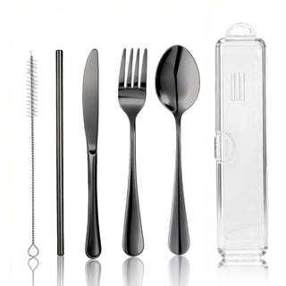 Travel Camping Utensils with Case, 6 Pcs Reusable Stainless Steel Silverware Cutlery Set, Spoon, Fork, Knife + Straw/Brush Kit for Camping, Travel, Office, Lunch Box, Eco On-the-Go (silver)