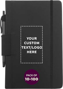 DISCOUNT PROMOS Custom Executive Notebooks with Pen Pack of 10/50/100 Personalized Text, Logo - 6 x 8.5 inches, Recycled, Pen Loop, Closure Strap - Black
