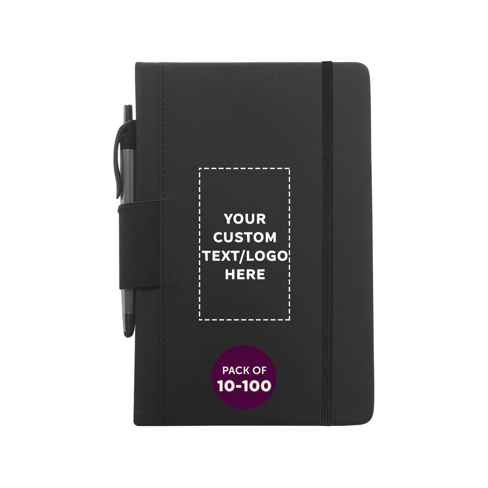 DISCOUNT PROMOS Custom Executive Notebooks with Pen Pack of 10/50/100 Personalized Text, Logo - 6 x 8.5 inches, Recycled, Pen Loop, Closure Strap - Black