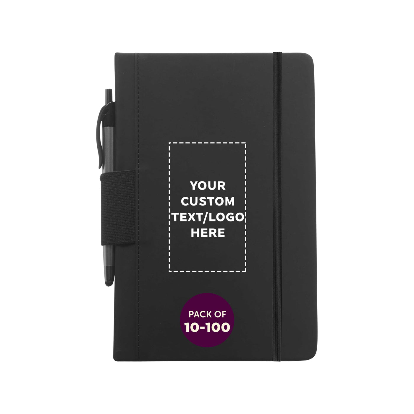 DISCOUNT PROMOS Custom Executive Notebooks with Pen Pack of 10/50/100 Personalized Text, Logo - 6 x 8.5 inches, Recycled, Pen Loop, Closure Strap - Black