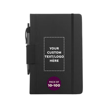 DISCOUNT PROMOS Custom Executive Notebooks with Pen Pack of 10/50/100 Personalized Text, Logo - 6 x 8.5 inches, Recycled, Pen Loop, Closure Strap - Black