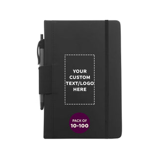 DISCOUNT PROMOS Custom Executive Notebooks with Pen Pack of 10/50/100 Personalized Text, Logo - 6 x 8.5 inches, Recycled, Pen Loop, Closure Strap - Black