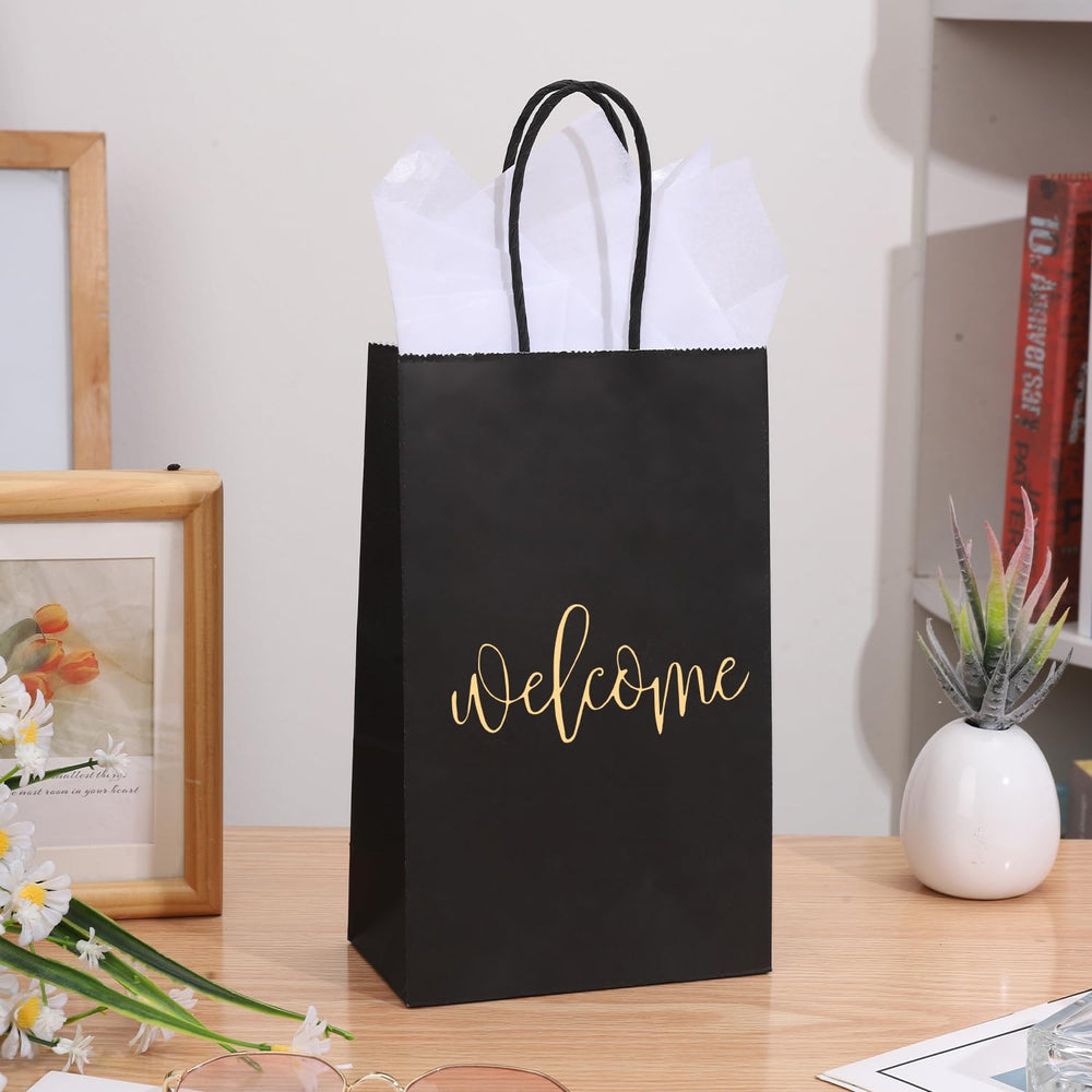 50 Pack Small Welcome Gift Bags 9x5.5x3.15 Inch with 50 Sheets White Tissue Paper for Wedding Hotel Guests, Black Party Favor Bags with Handles for Engagements, Baby Showers, Birthday Goodies