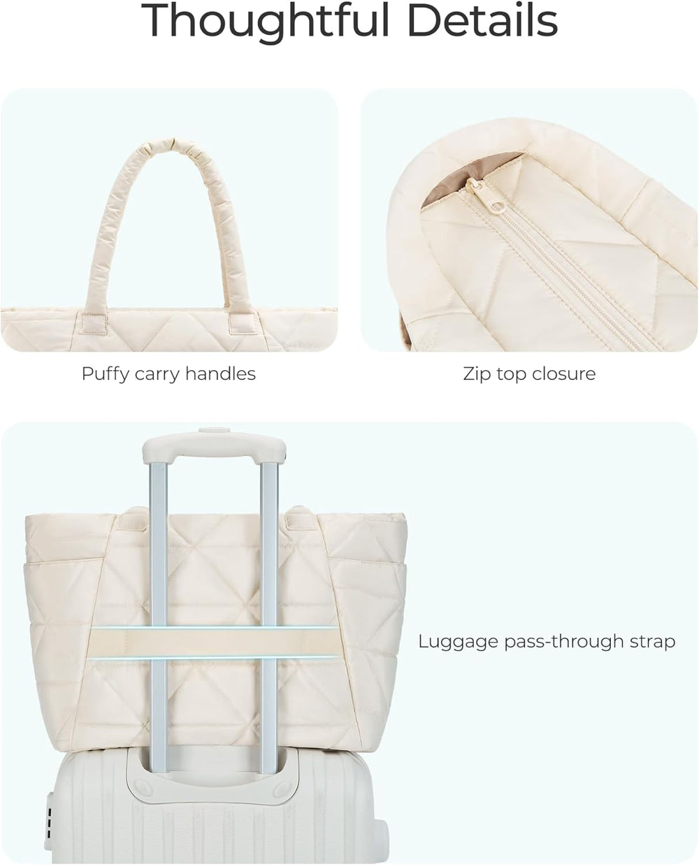 BAGSMART Tote Bag for Women, Puffer Tote Bag with Zipper, Large Quilted Shoulder Bag with Compartments for Travel, Work, Gym